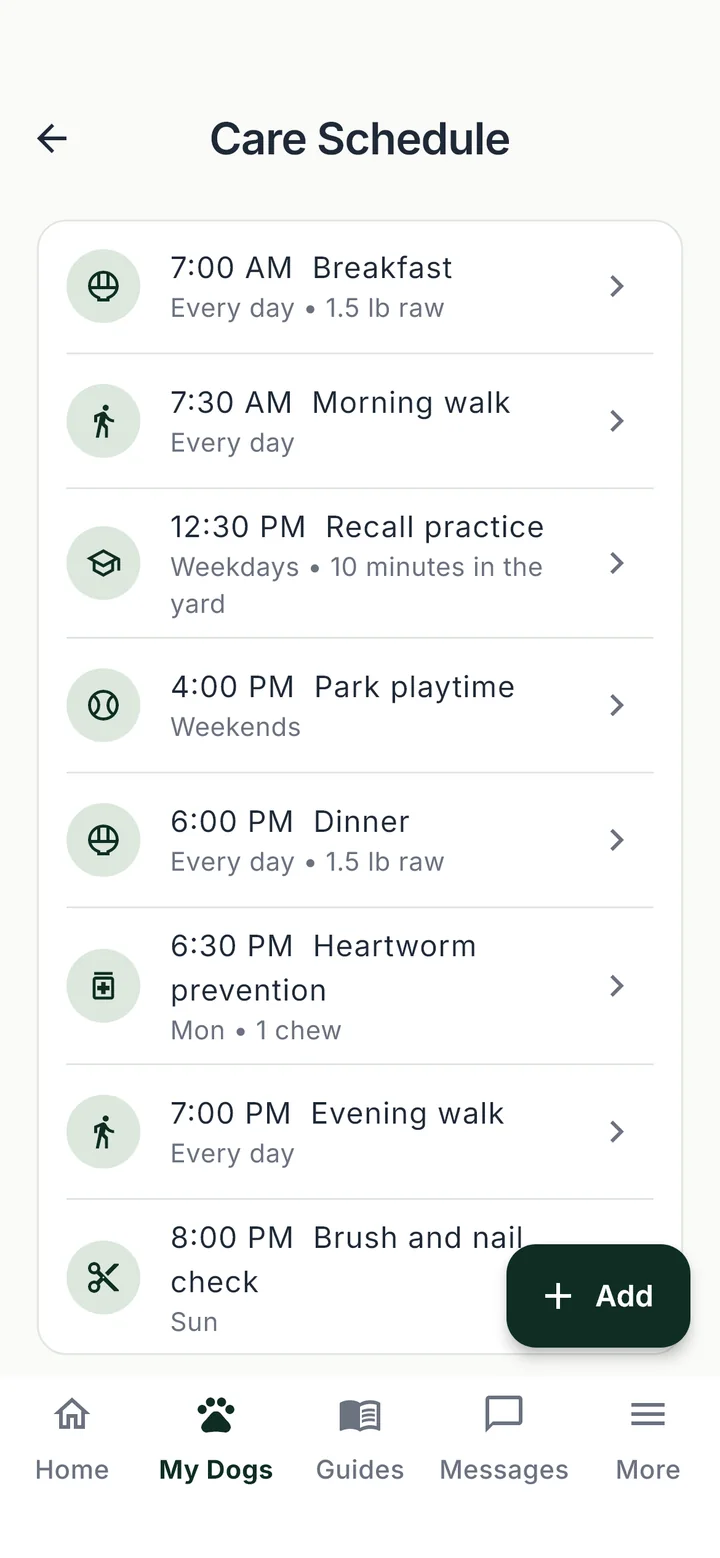 A care schedule from a 7:00 AM breakfast to an 8:00 PM brushing, with how often each item repeats.
