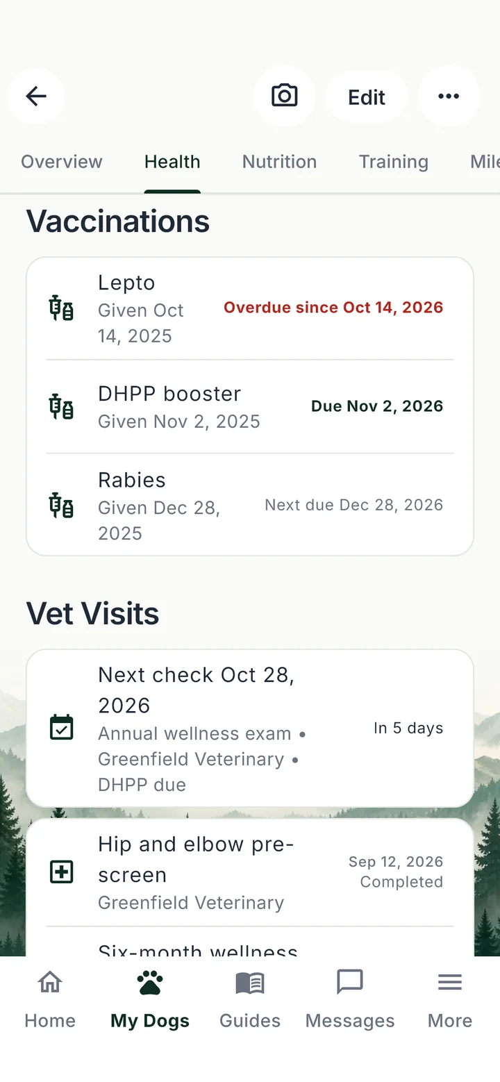 Nova’s Health tab: one vaccination overdue, a booster due soon, and an upcoming vet check.