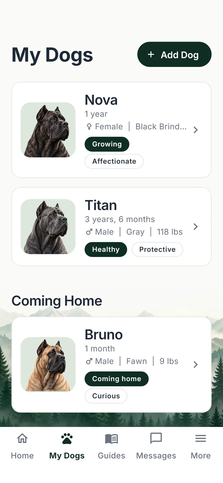My Dogs listing Nova and Titan, with a puppy named Bruno under Coming Home.